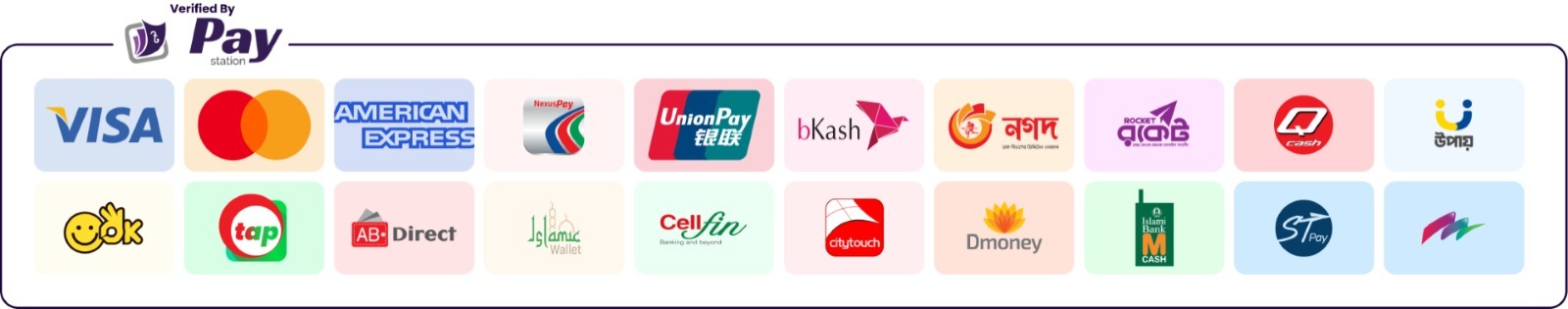 Accepted payment methods via PayStation: Visa, Mastercard, American Express, bKash, Nagad, Rocket, CellFin, and Internet Banking